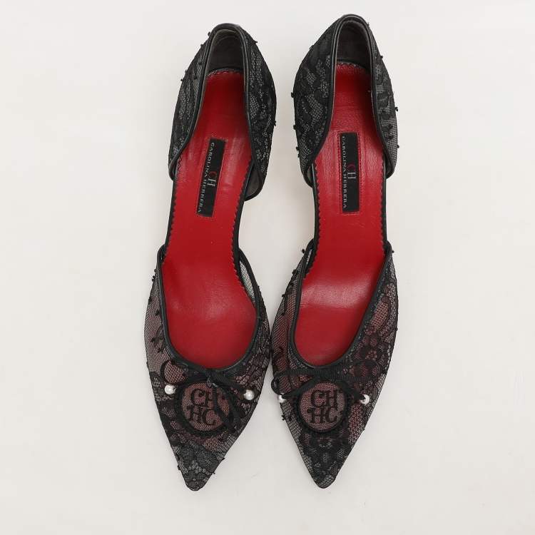 Pre Owned CH Carolina Herrera Black Lace Pear Bow D'orsay Pointed Toe Pumps Size 38