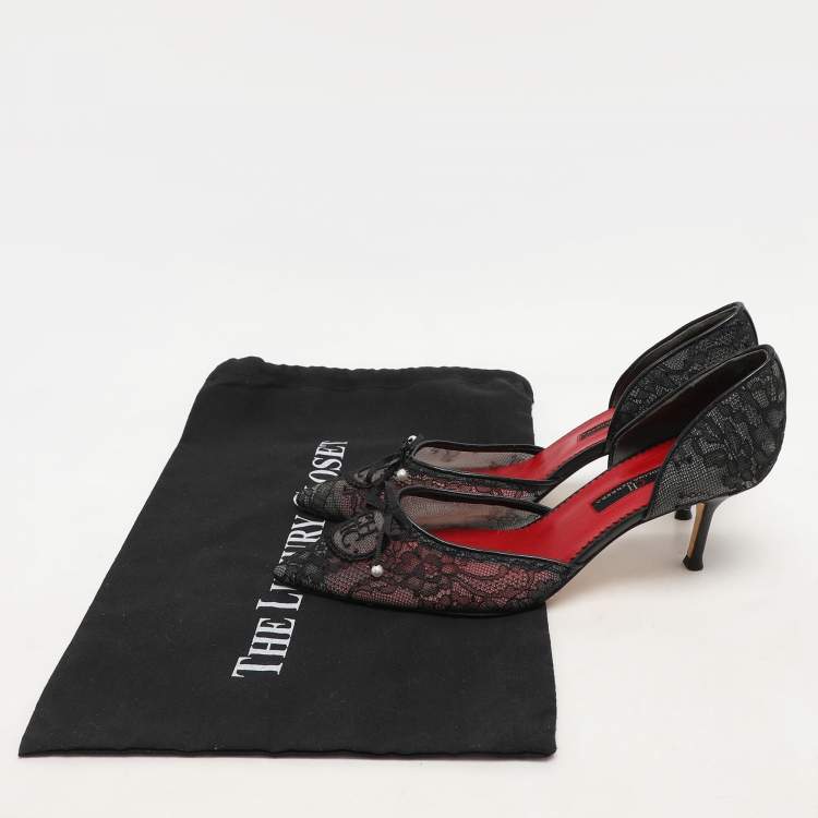 Pre Owned CH Carolina Herrera Black Lace Pear Bow D'orsay Pointed Toe Pumps Size 38