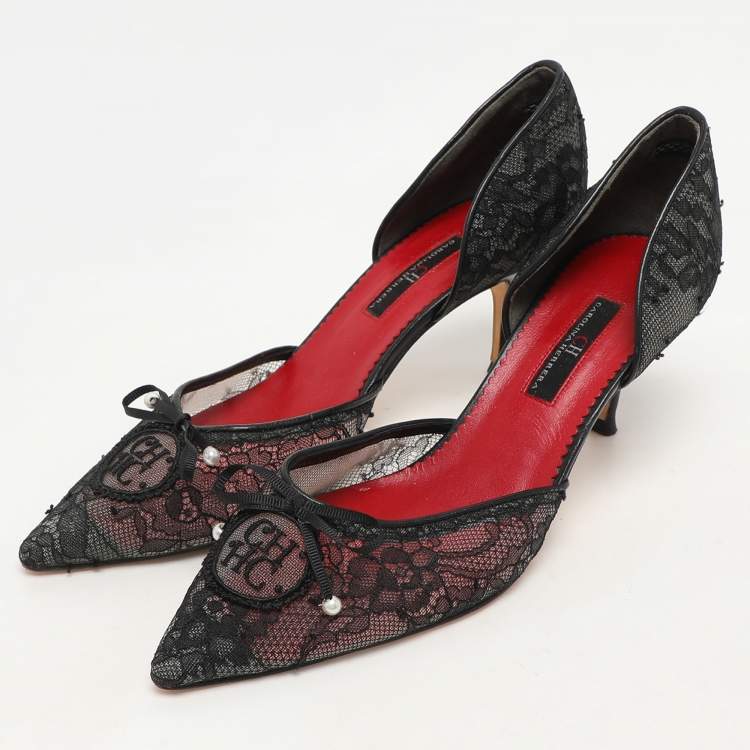 Pre Owned CH Carolina Herrera Black Lace Pear Bow D'orsay Pointed Toe Pumps Size 38