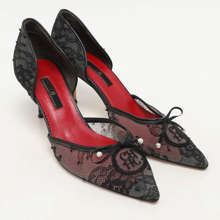 Pre Owned CH Carolina Herrera Black Lace Pear Bow D'orsay Pointed Toe Pumps Size 38