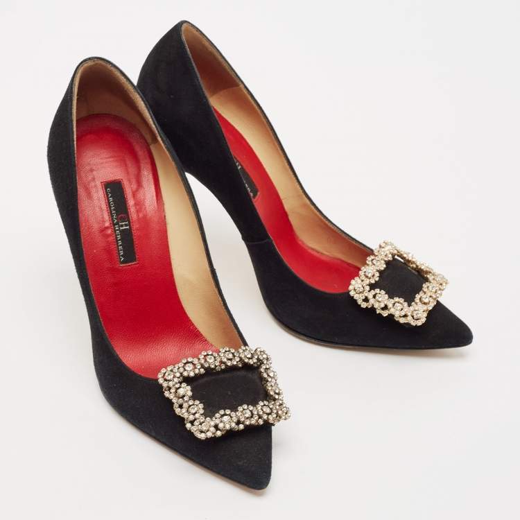 Pre Owned CH Carolina Herrera Black Suede Crystal Embellished Pointed Toe Pumps Size 37