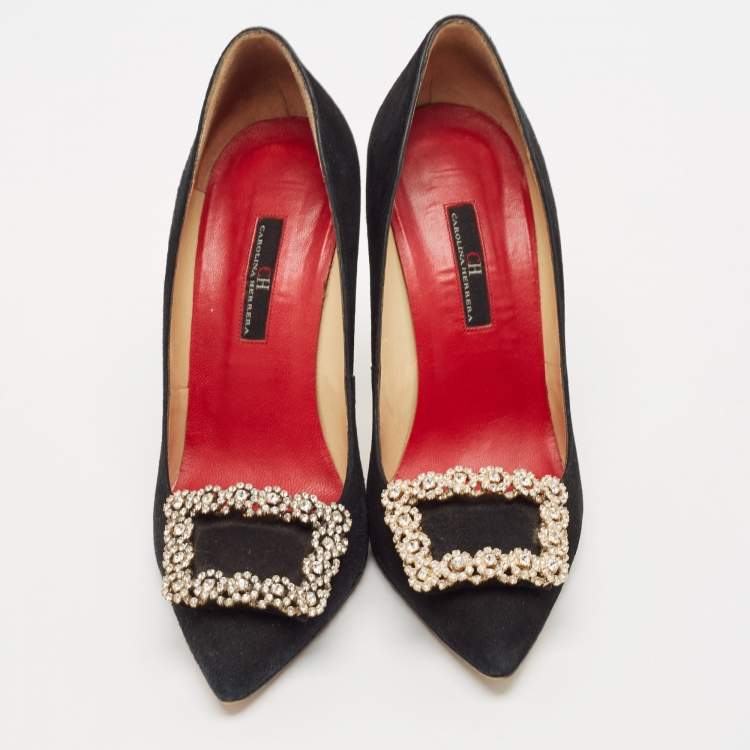 Pre Owned CH Carolina Herrera Black Suede Crystal Embellished Pointed Toe Pumps Size 37