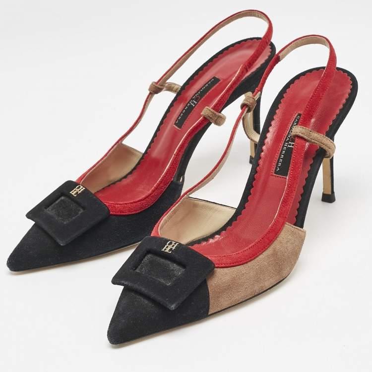 Pre Owned CH Carolina Herrera Black Multicolor Suede Slingback Pumps Size 38