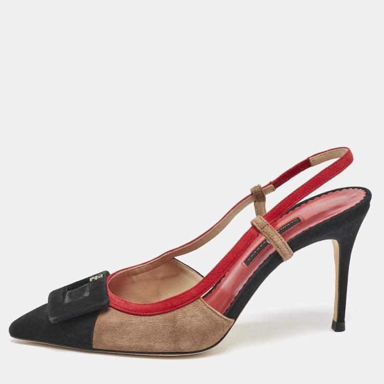 Pre Owned CH Carolina Herrera Black Multicolor Suede Slingback Pumps Size 38