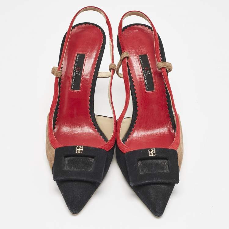 Pre Owned CH Carolina Herrera Black Multicolor Suede Slingback Pumps Size 38