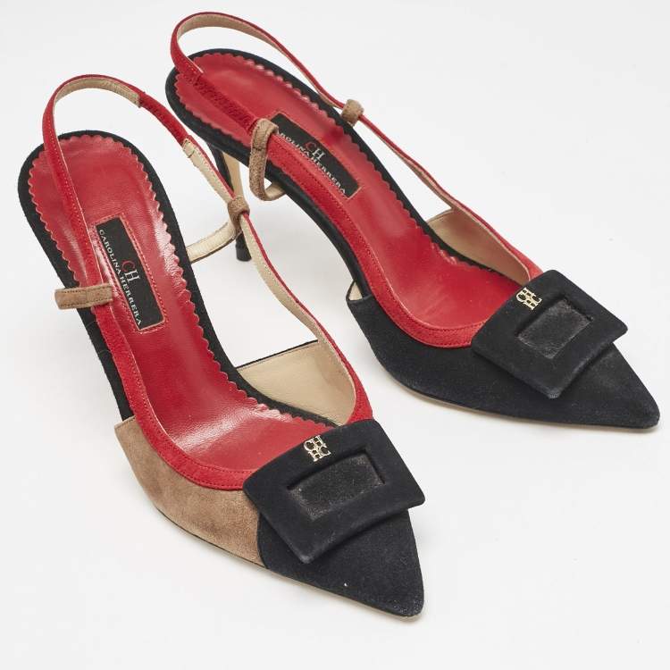 Pre Owned CH Carolina Herrera Black Multicolor Suede Slingback Pumps Size 38