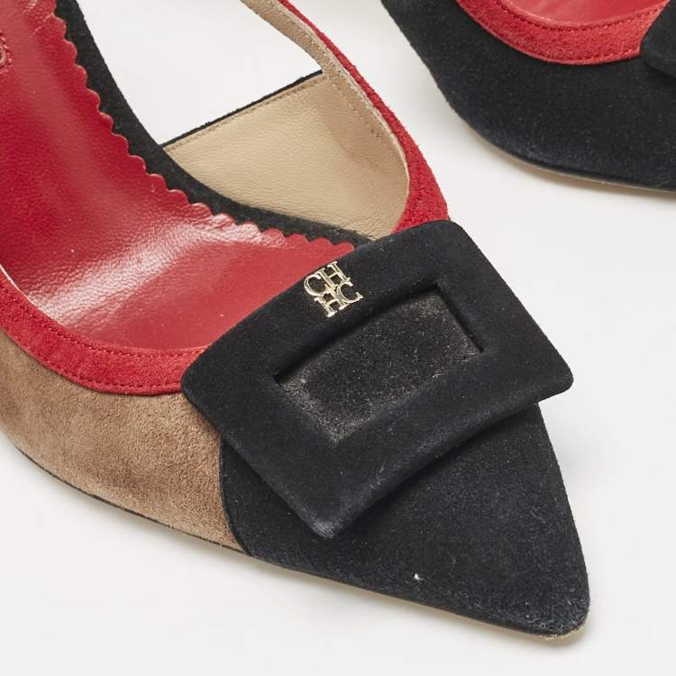 Pre Owned CH Carolina Herrera Black Multicolor Suede Slingback Pumps Size 38