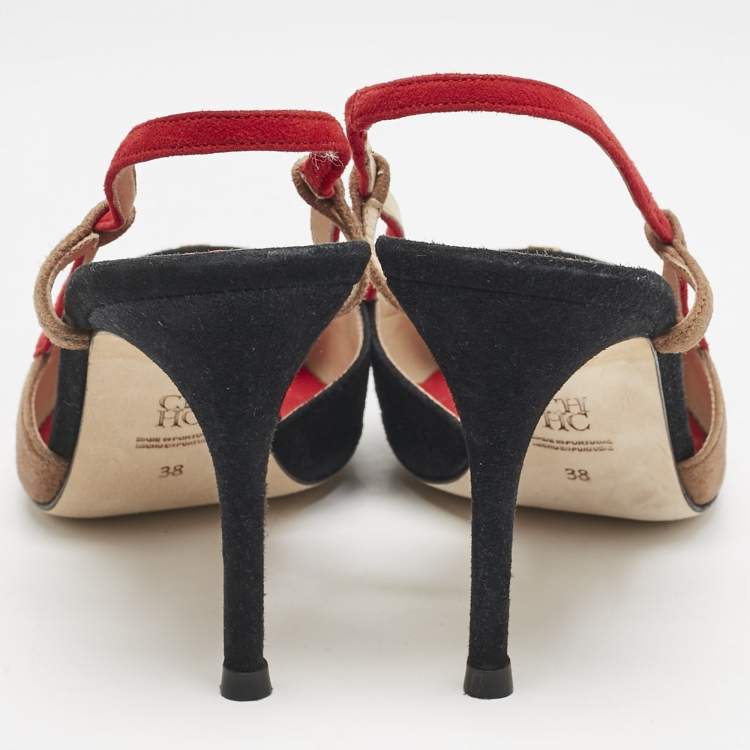 Pre Owned CH Carolina Herrera Black Multicolor Suede Slingback Pumps Size 38