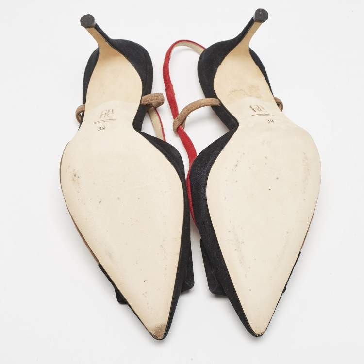 Pre Owned CH Carolina Herrera Black Multicolor Suede Slingback Pumps Size 38