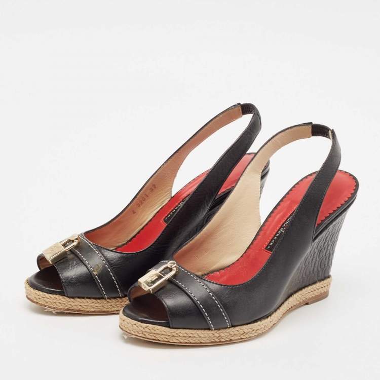 Pre Owned CH Carolina Herrera Black Leather Wedge Sandals Size 37