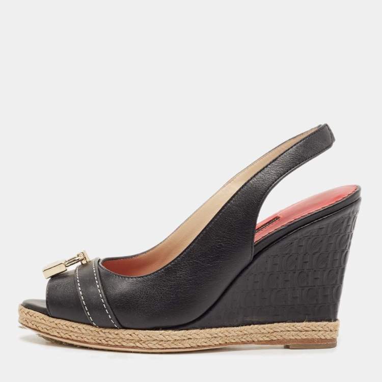 Pre Owned CH Carolina Herrera Black Leather Wedge Sandals Size 37