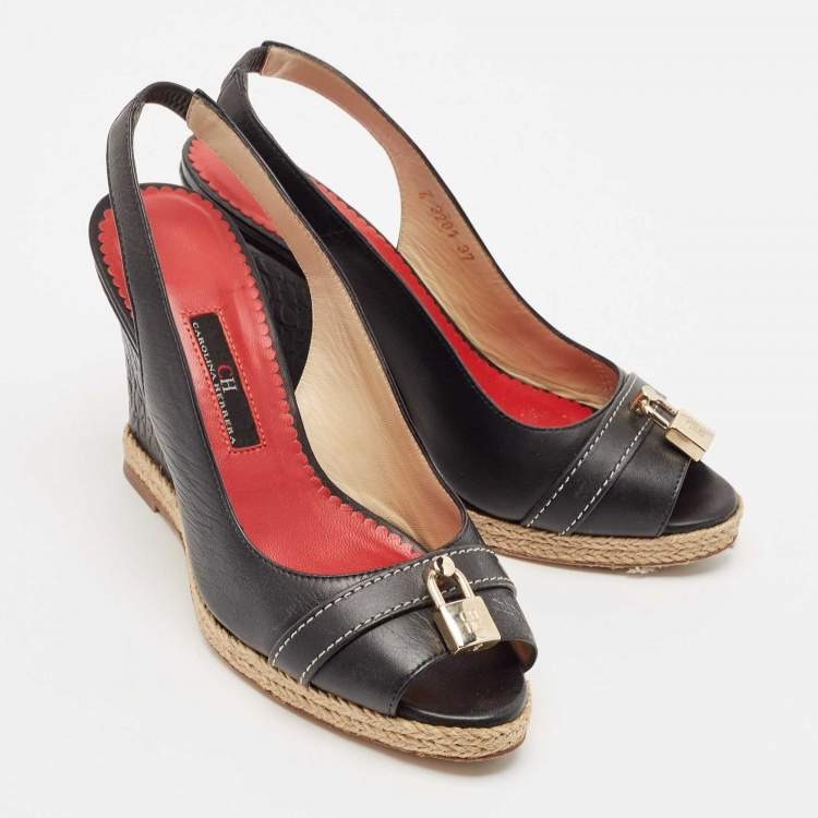 Pre Owned CH Carolina Herrera Black Leather Wedge Sandals Size 37