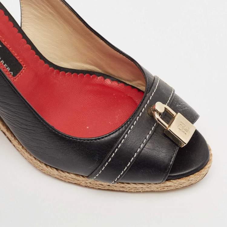Pre Owned CH Carolina Herrera Black Leather Wedge Sandals Size 37