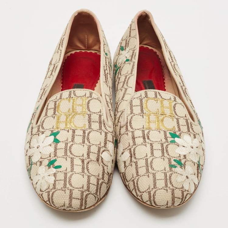 Pre Owned CH Carolina Herrera Cream/Brown Monogram Canvas Ballet Flats Size 39
