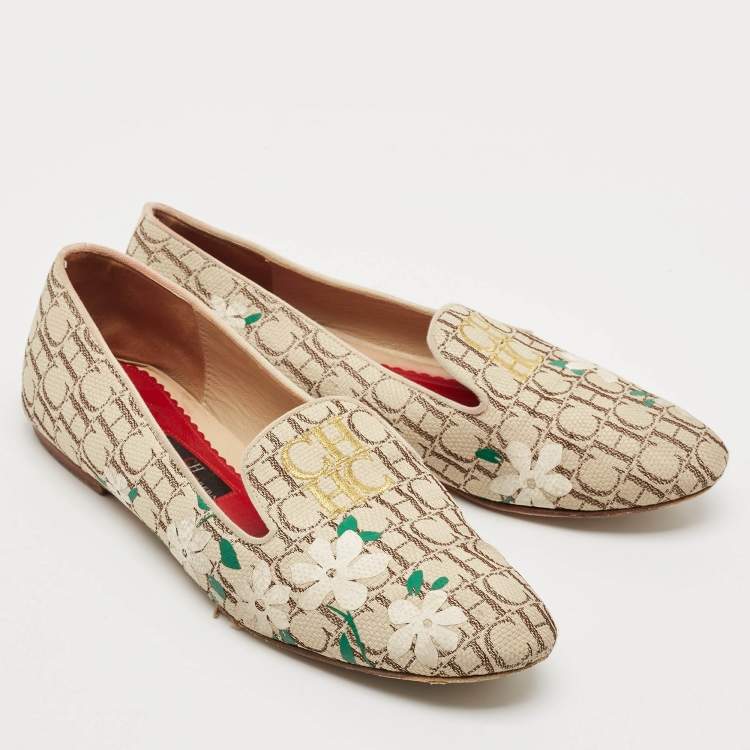 Pre Owned CH Carolina Herrera Cream/Brown Monogram Canvas Ballet Flats Size 39
