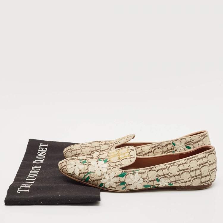 Pre Owned CH Carolina Herrera Cream/Brown Monogram Canvas Ballet Flats Size 39