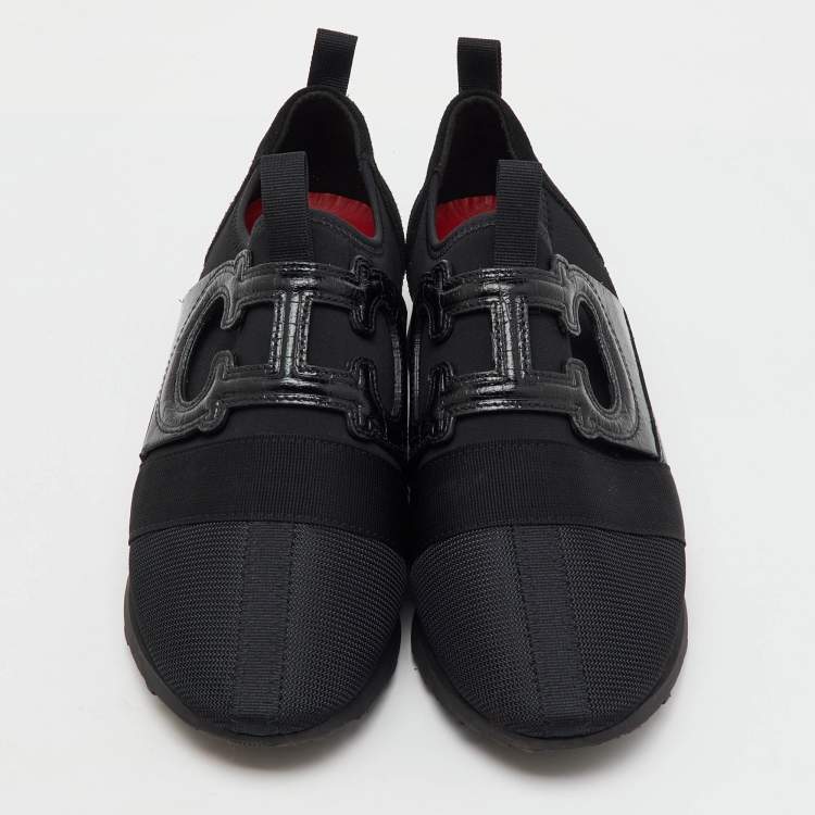 Pre Owned CH Carolina Herrera Black Croc Embossed Leather, Suede and Fabric Slip On Sneakers Size 37