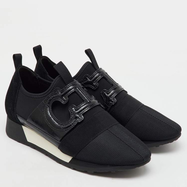 Pre Owned CH Carolina Herrera Black Croc Embossed Leather, Suede and Fabric Slip On Sneakers Size 37