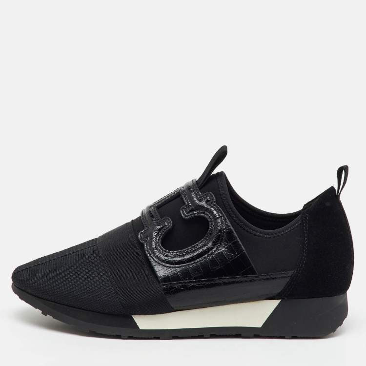 Pre Owned CH Carolina Herrera Black Croc Embossed Leather, Suede and Fabric Slip On Sneakers Size 37