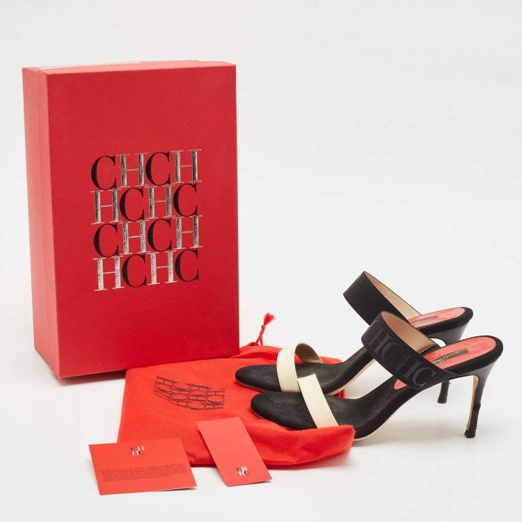 Pre Owned CH Carolina Herrera Black/White Fabric and Patent Leather Slide Sandals Size 38