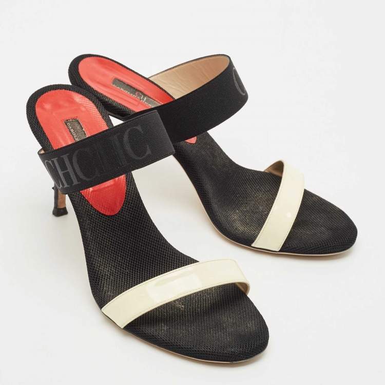 Pre Owned CH Carolina Herrera Black/White Fabric and Patent Leather Slide Sandals Size 38