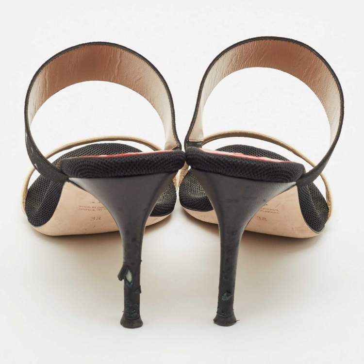 Pre Owned CH Carolina Herrera Black/White Fabric and Patent Leather Slide Sandals Size 38
