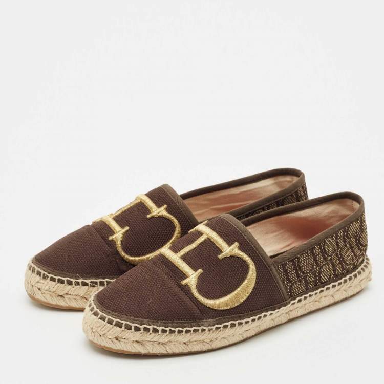 Pre Owned CH Carolina Herrera Dark Brown Canvas Logo Espadrille Flats Size 38