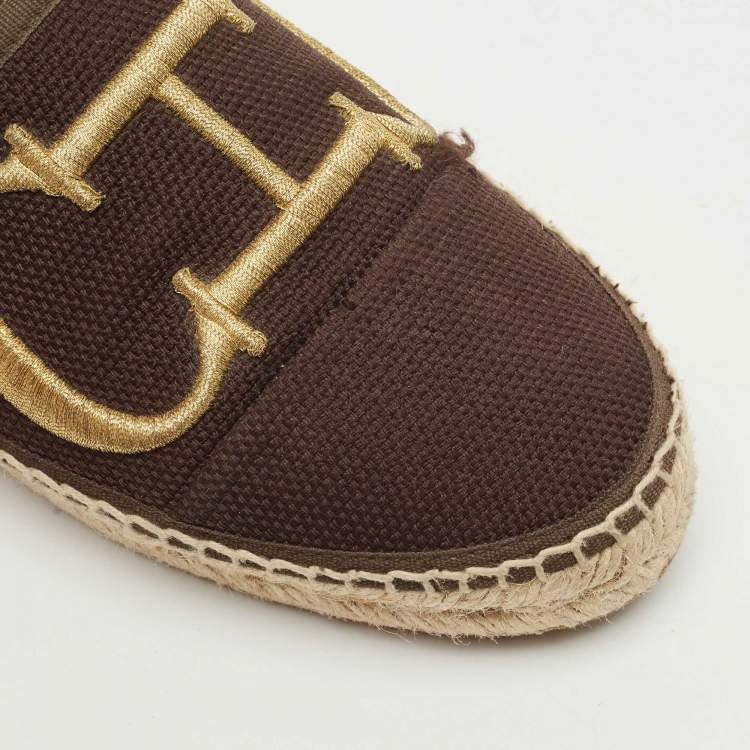 Pre Owned CH Carolina Herrera Dark Brown Canvas Logo Espadrille Flats Size 38