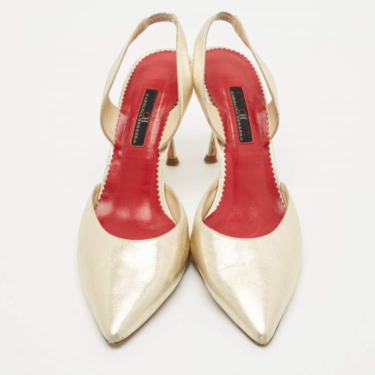 Pre Owned CH Carolina Herrera Metalllic Gold Leather Slingback Pumps Size 39