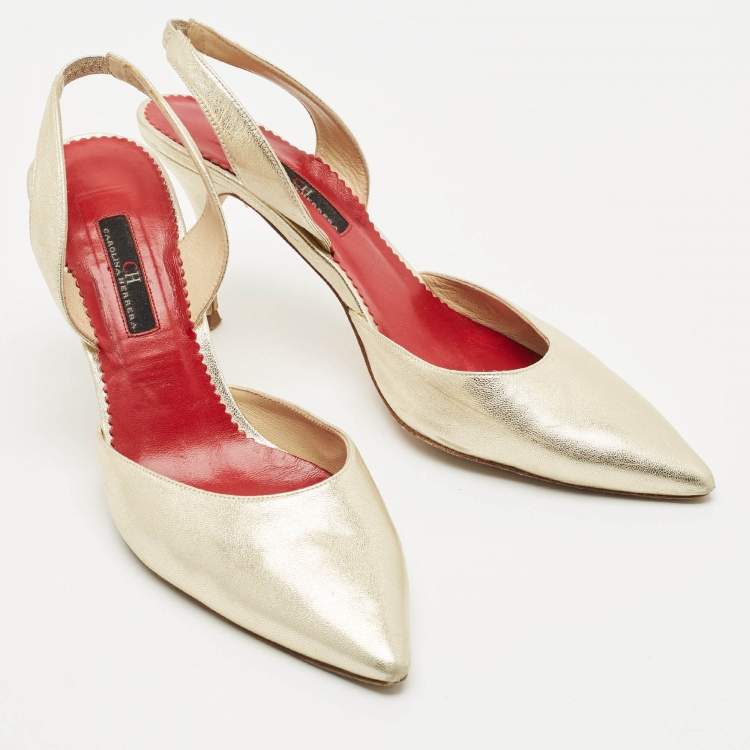 Pre Owned CH Carolina Herrera Metalllic Gold Leather Slingback Pumps Size 39