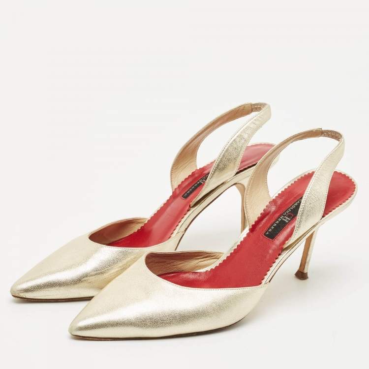 Pre Owned CH Carolina Herrera Metalllic Gold Leather Slingback Pumps Size 39