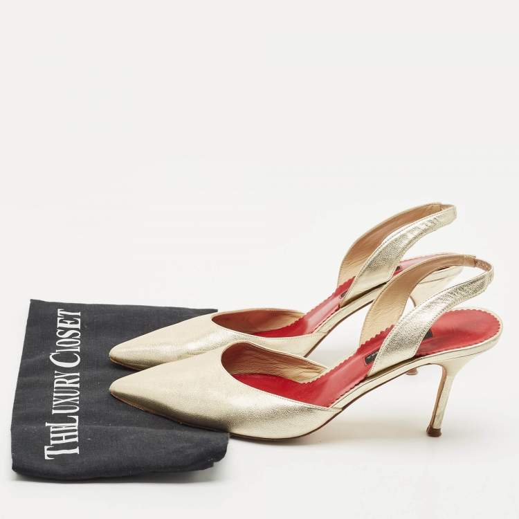 Pre Owned CH Carolina Herrera Metalllic Gold Leather Slingback Pumps Size 39