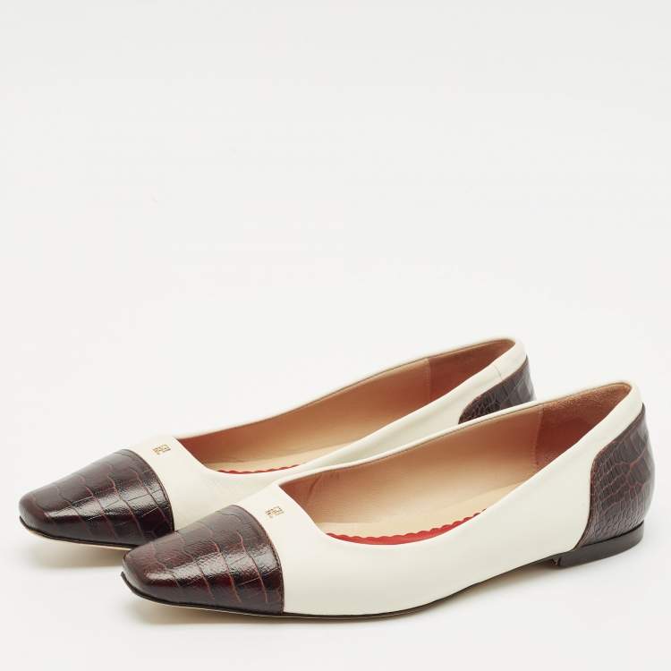Pre Owned CH Carolina Herrera White/Black Croc Embossed and Leather Ballet Flats Size 37