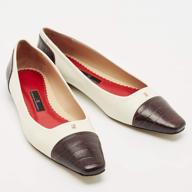 Pre Owned CH Carolina Herrera White/Black Croc Embossed and Leather Ballet Flats Size 37