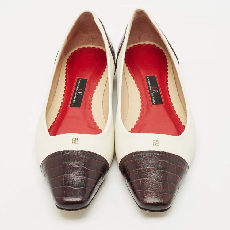 Pre Owned CH Carolina Herrera White/Black Croc Embossed and Leather Ballet Flats Size 37