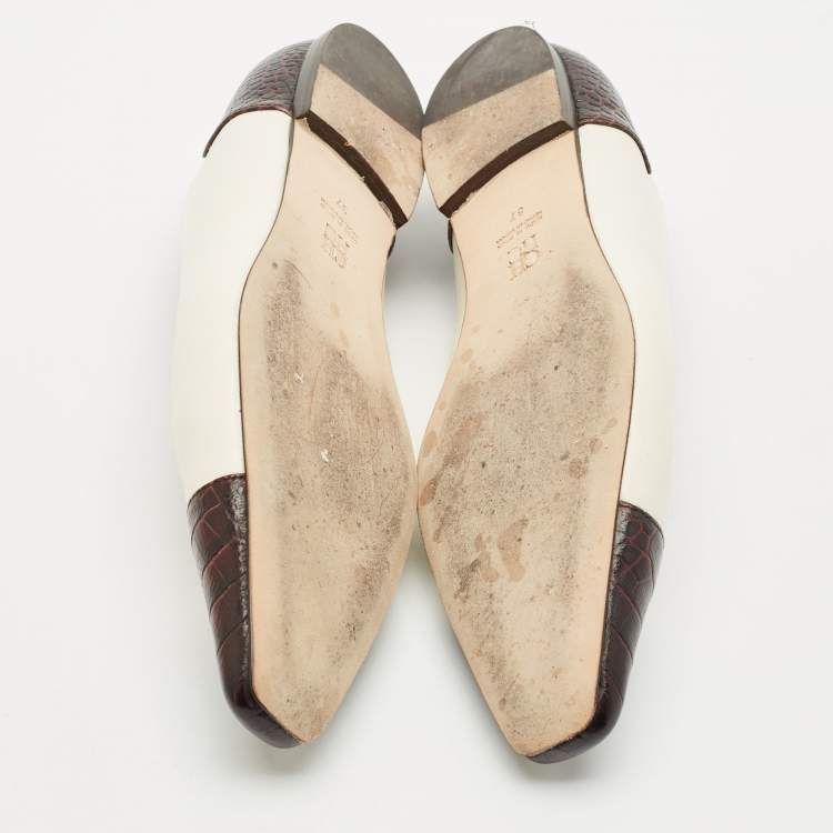 Pre Owned CH Carolina Herrera White/Black Croc Embossed and Leather Ballet Flats Size 37