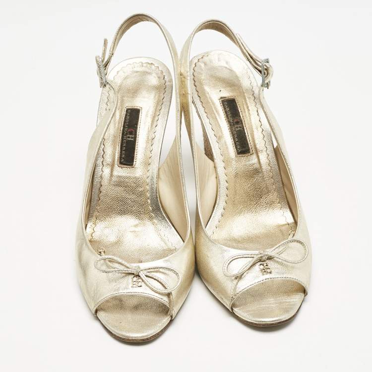 Pre Owned CH Carolina Herrera Metallic Leather Bow Peep Toe Espadrille Wedge Sandals Size 38