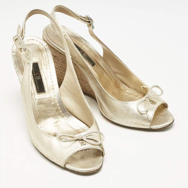 Pre Owned CH Carolina Herrera Metallic Leather Bow Peep Toe Espadrille Wedge Sandals Size 38