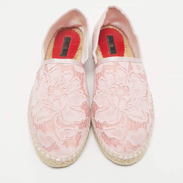 Pre Owned CH Carolina Herrera Pink Lace and Satin Pearls Embellished  Espadrille Flats Size 39