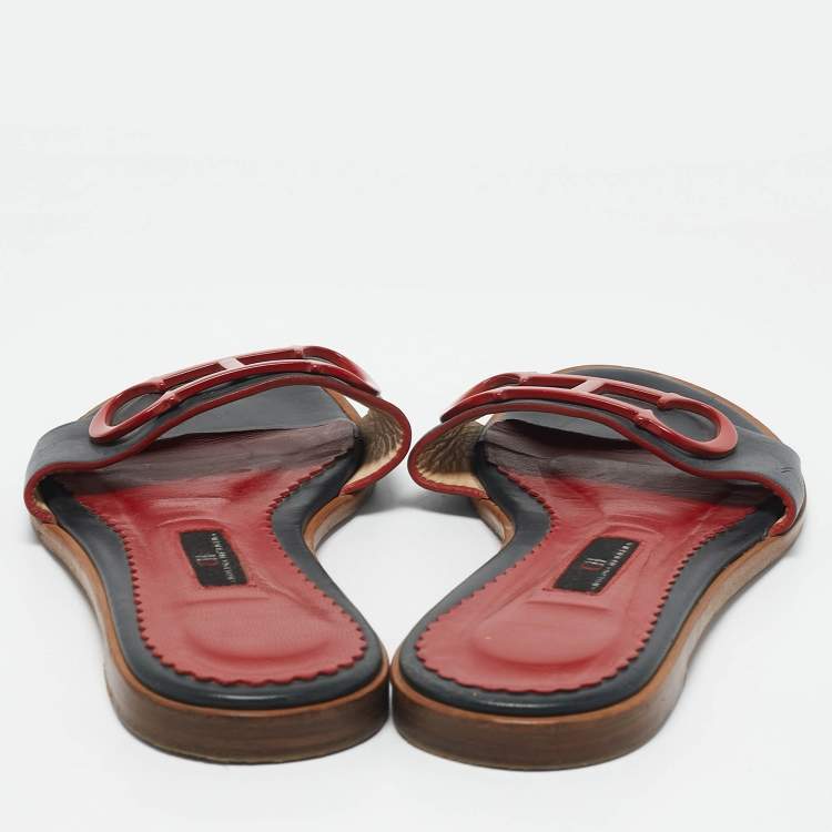 Pre Owned CH Carolina Herrera Navy Blue Leather Slide Sandals Size 39