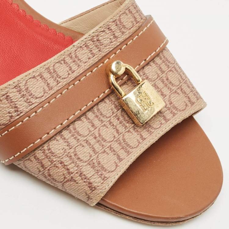 مملوكة مسبقًا CH Carolina Herrera Brown Monogram Canvas Matryoshka Locked Slide Sandals Size 38