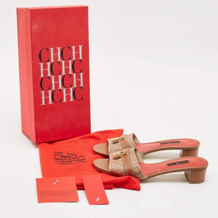 مملوكة مسبقًا CH Carolina Herrera Brown Monogram Canvas Matryoshka Locked Slide Sandals Size 38