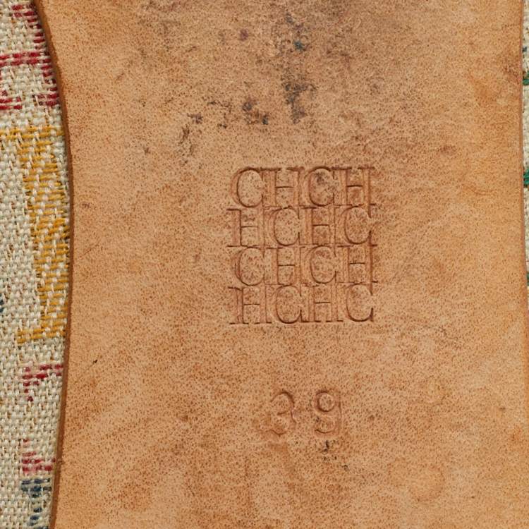 Pre Owned CH Carolina Herrera Cream/Blue Monogram Canvas Bow Ballet Flats Size 39