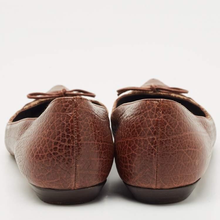 Pre Owned CH Carolina Herrera Brown Canvas and Leather Pointed Toe Ballet Flats Size 38