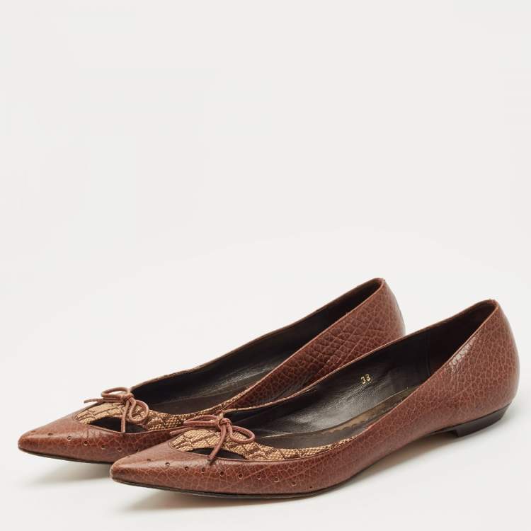 Pre Owned CH Carolina Herrera Brown Canvas and Leather Pointed Toe Ballet Flats Size 38