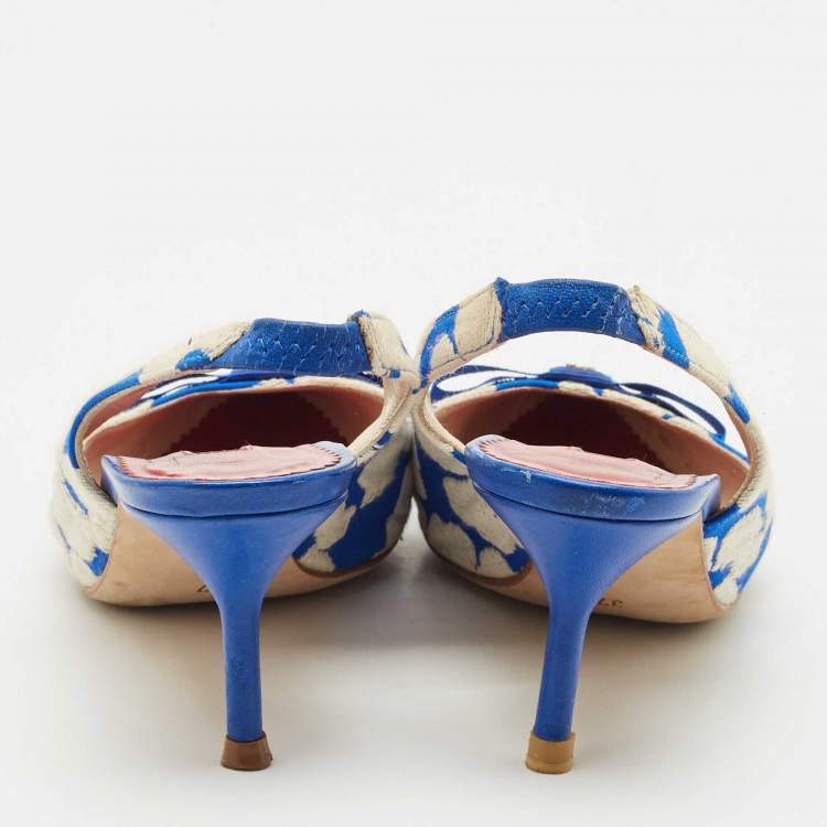 Pre Owned CH Carolina Herrera Blue/White Canvas Bow Slingback Pumps Size 37