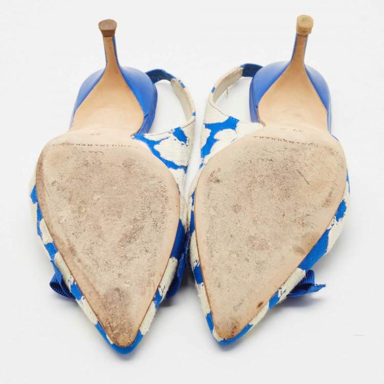 Pre Owned CH Carolina Herrera Blue/White Canvas Bow Slingback Pumps Size 37
