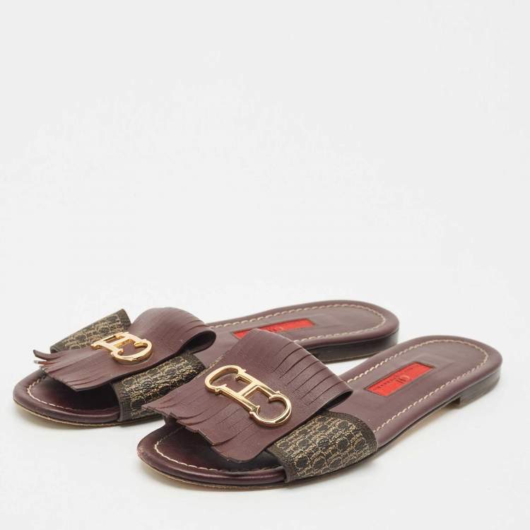 Pre Owned CH Carolina Herrera Brown Signature Canvas and Leather Lock Flat Slides Size 37