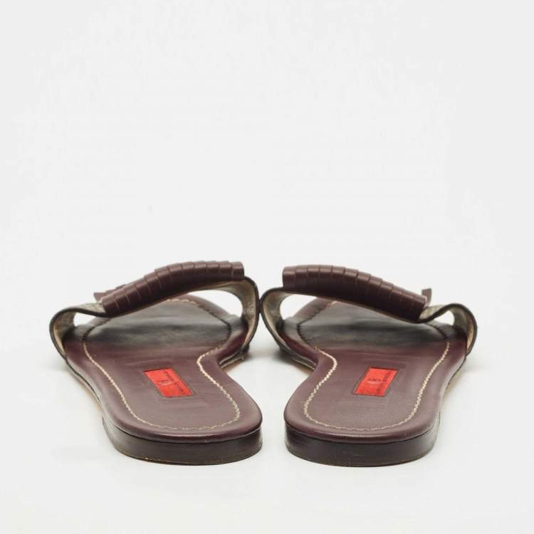 Pre Owned CH Carolina Herrera Brown Signature Canvas and Leather Lock Flat Slides Size 37