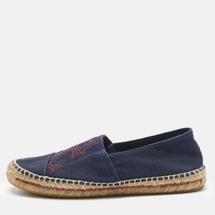 Pre Owned CH Carolina Herrera Navy Blue Canvas Espadrille Flats Size 37